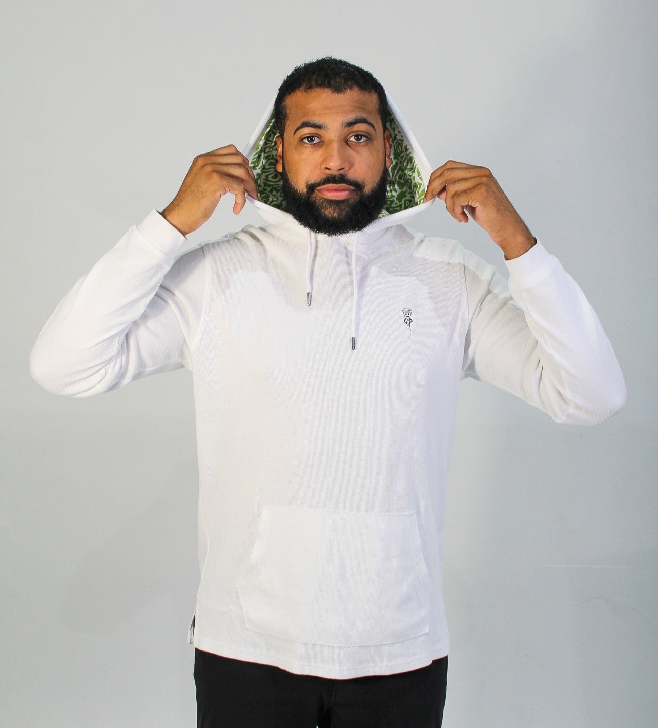 Fairway Waffled Hoodie, White & Green